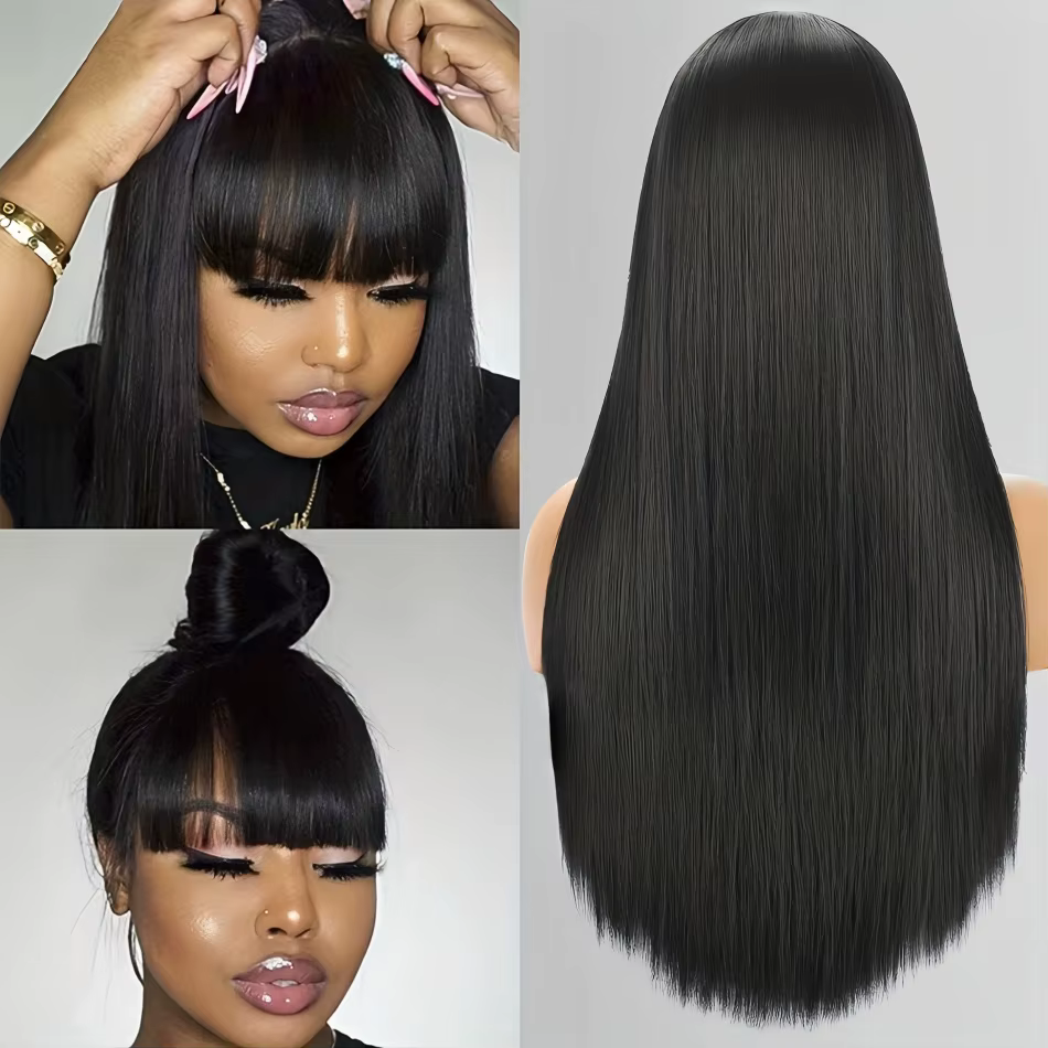 Perruque en cheveux humains lisses avec frange, densité 220, 30 pouces, brésilienne, perruques en de