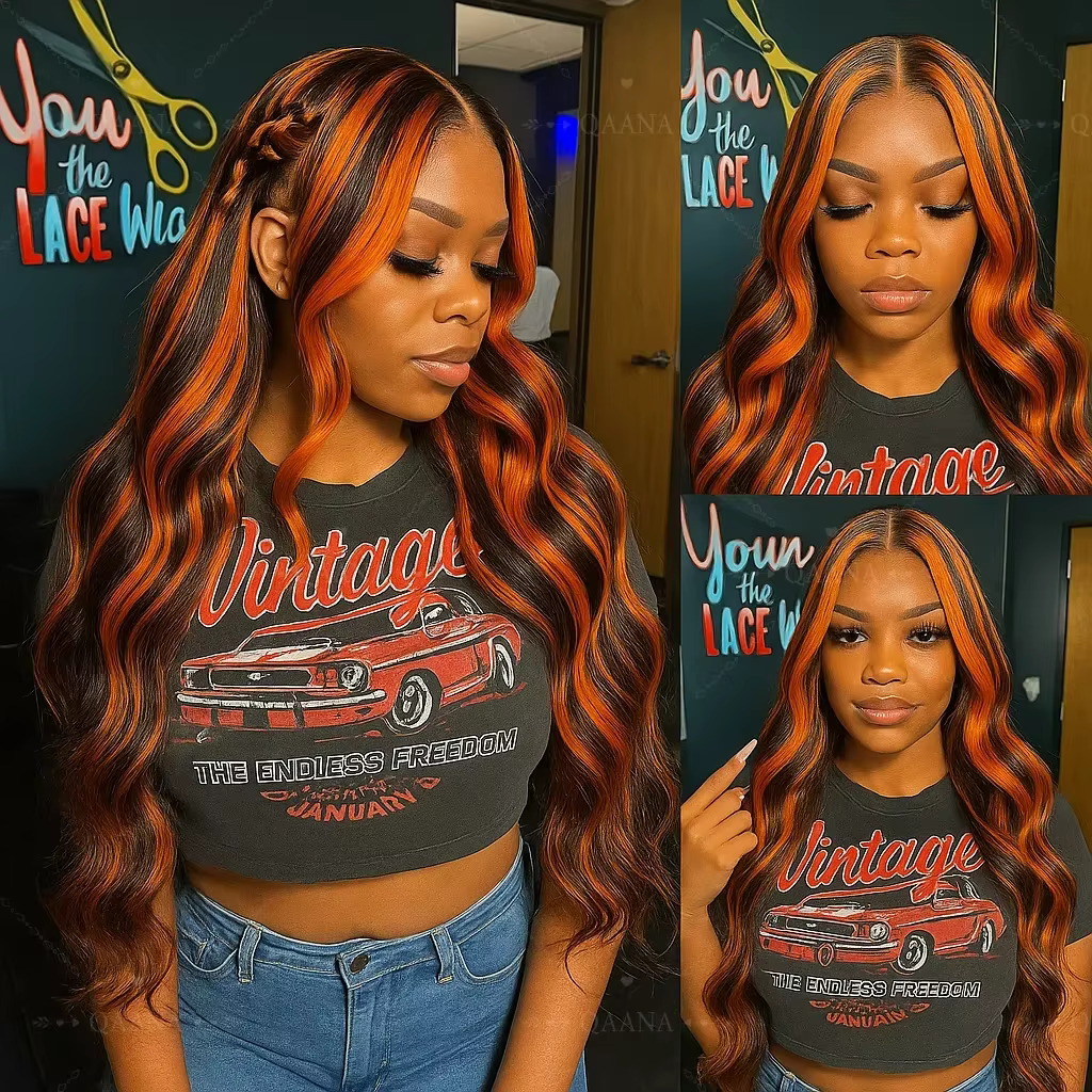 Perruque Lace Front 5x5 sans colle en cheveux humains, ondulée, pré-épilée, avec mèches marron ginge