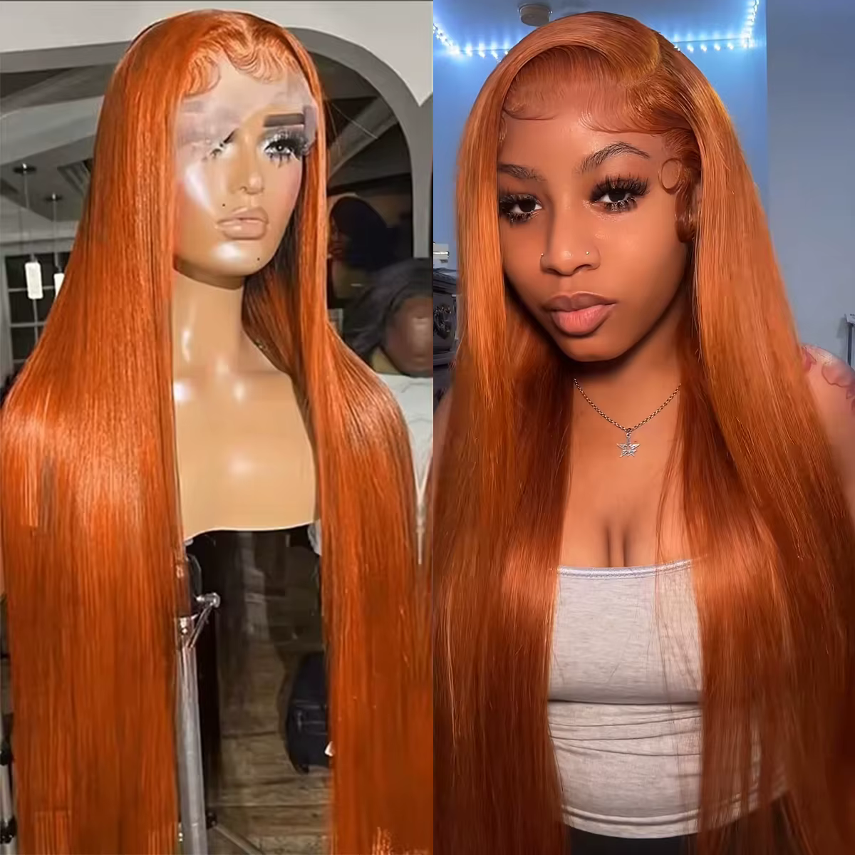 Perruques Lace Front 13x4 en Cheveux Humains Lisses Couleur Gingembre Orange, 30 Pouces, avec Fronta