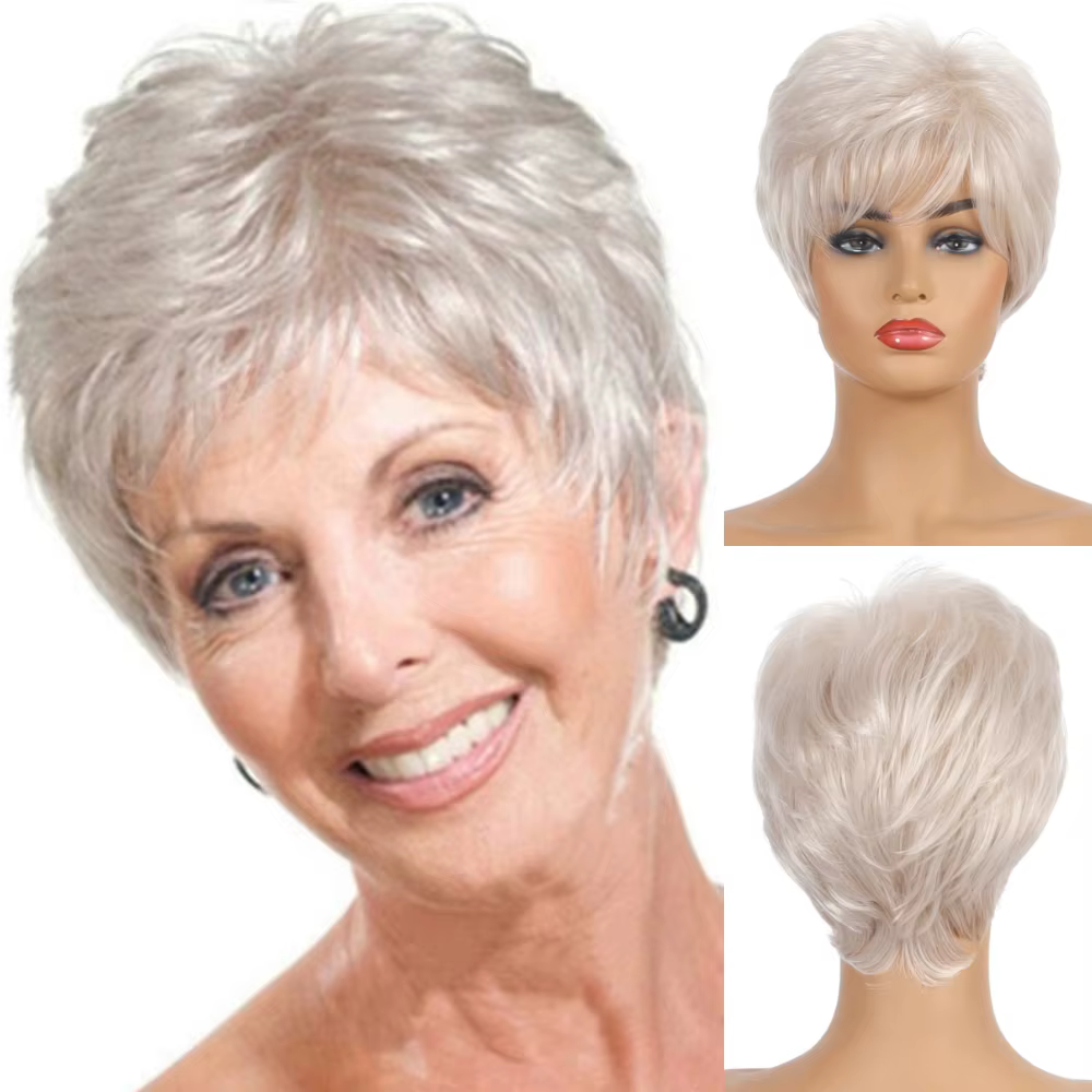 Perruque Synthétique Courte Argentée et Blanche Ombrée, Postiche de Cheveux Bouclés, Couches, Frange