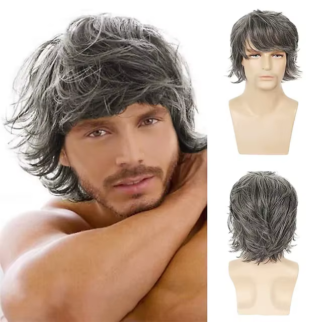 Perruque synthétique courte Blonde pour hommes, postiche naturelle ondulée et moelleuse, frange laté