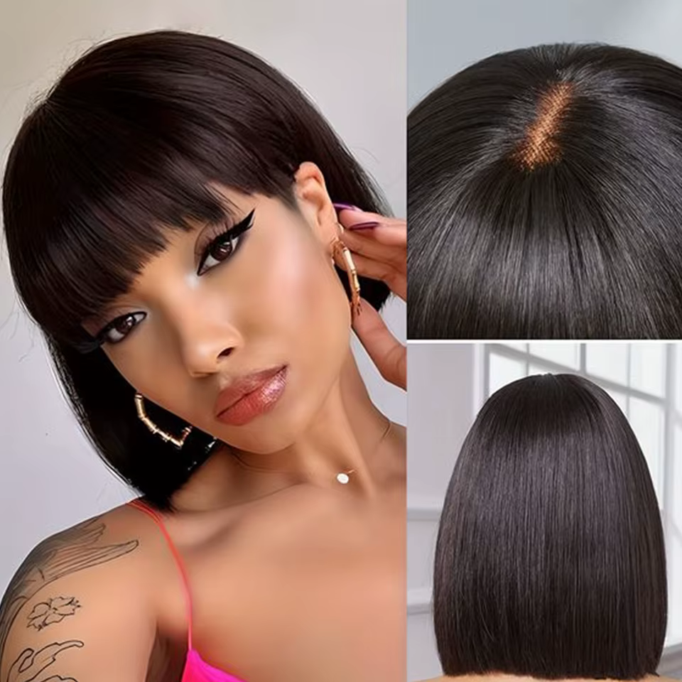 Perruques brésiliennes droites en dentelle Bob perruques de cheveux humains droites sans colle avec