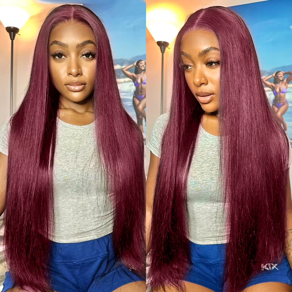 Tuneful-Perruques de cheveux humains sans colle, Perruques de couleur rouge bordeaux, Prêt à porter,