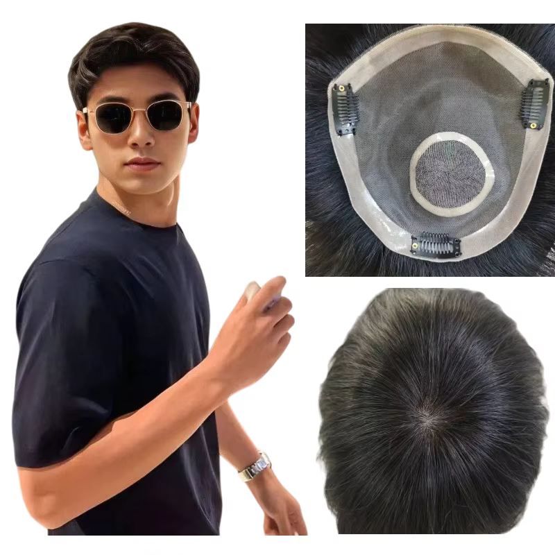 Pièce de cheveux pour hommes, 100% cheveux humains, Base Mono, 6 pouces, bord court en PU, intérieur
