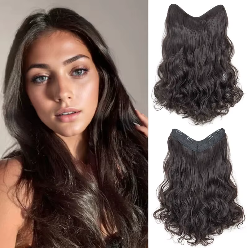 Extension Capillaire Synthétique Longue Ondulée Bouclée en Forme de V, Postiche Blonde Noire, 4 Clip