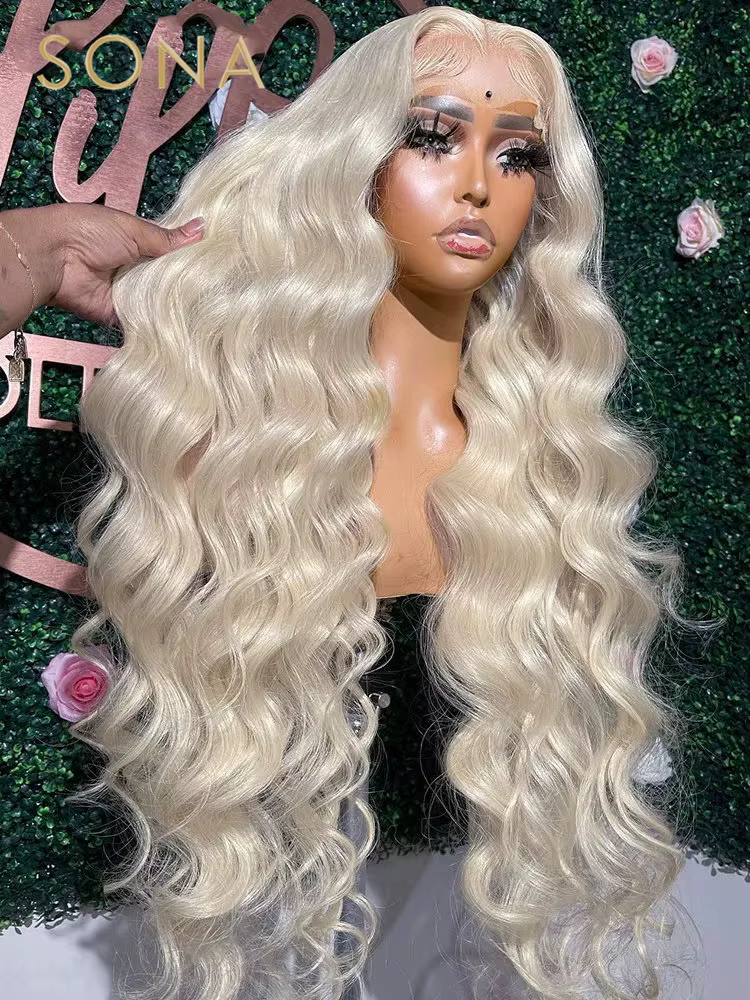# Perruque Lace Frontal Wig naturelle, cheveux humains, blond cendré platine, blanc, 13x6, HD, Trans
