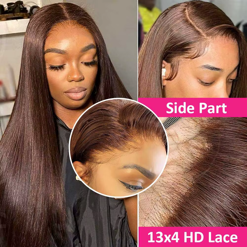 Perruques en cheveux humains lisses brun chocolat, perruques frontales en dentelle HD 13x4, perruque