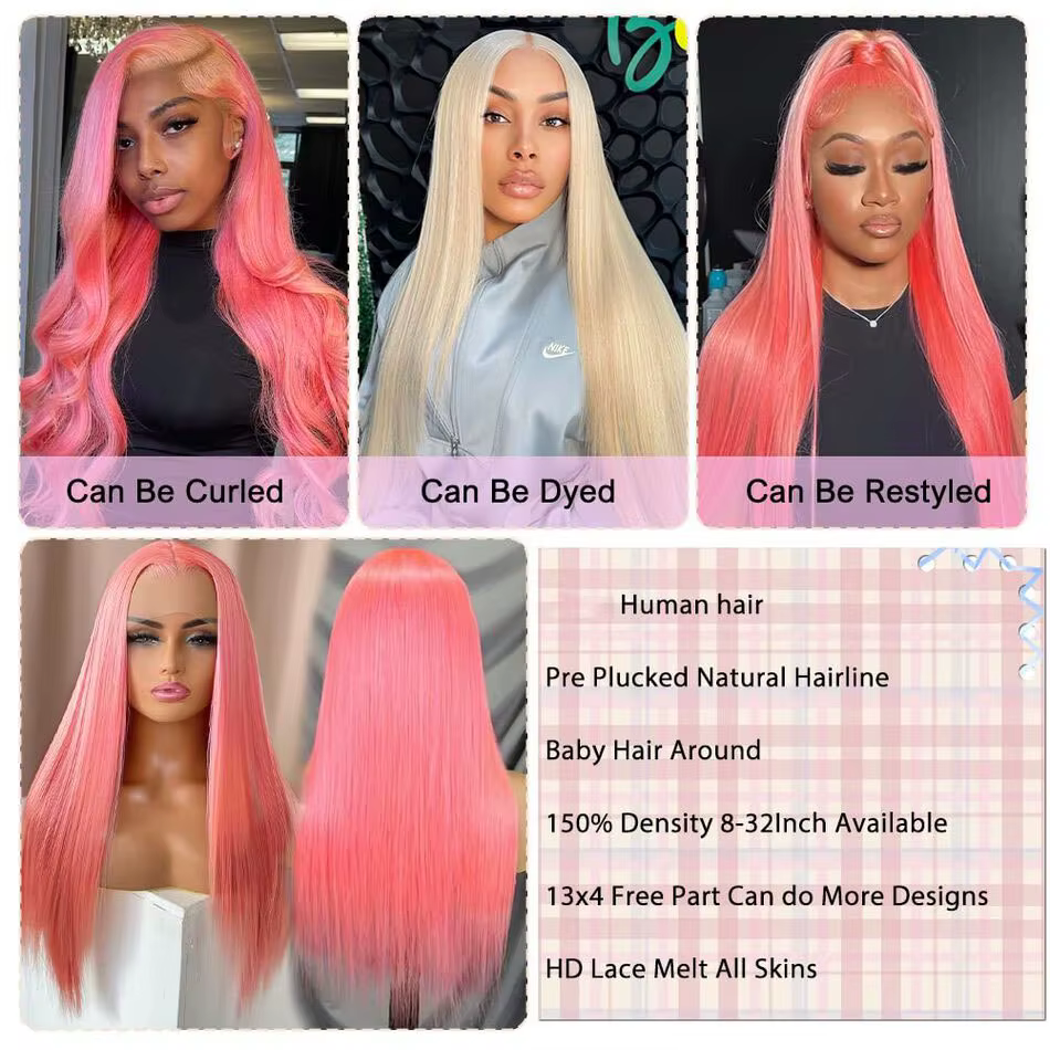 Perruque Lace Front Wig naturelle lisse rose 13x6 Hd, cheveux humains, 30 pouces, pre-plucked, densi