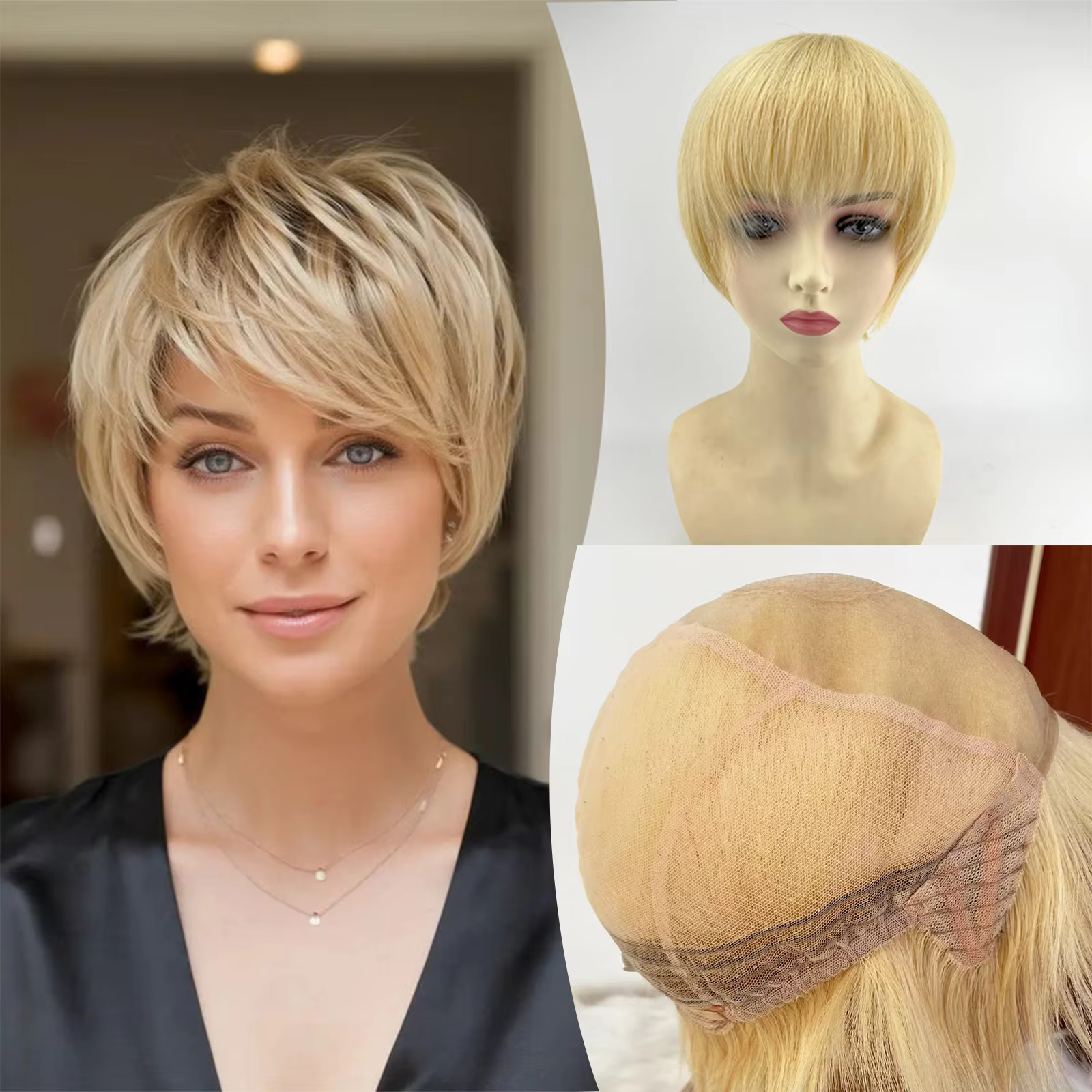InjBase-Perruque de cheveux humains coupe Pixie courte pour femme, couronne de dentelle complète, ch