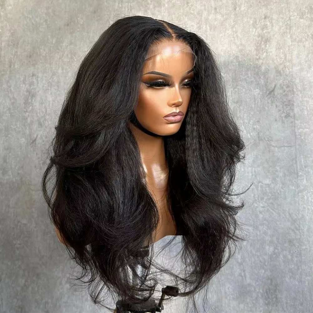 Perruque Lace Front Kinky Straight de 40-42 pouces, pré-épilée, Yaki Straight HD 13x4, avec bords 4C