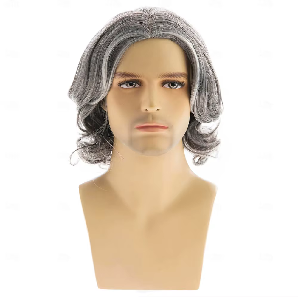 HAIRJOYMens perruque grise courte ondulée Bob perruque synthétique Cosplay fête remplacement perruqu