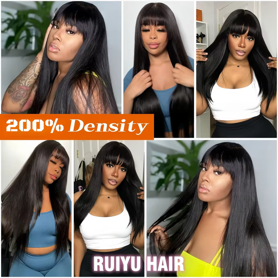 Perruque en cheveux humains lisses avec frange, densité 220, 30 pouces, brésilienne, perruques en de