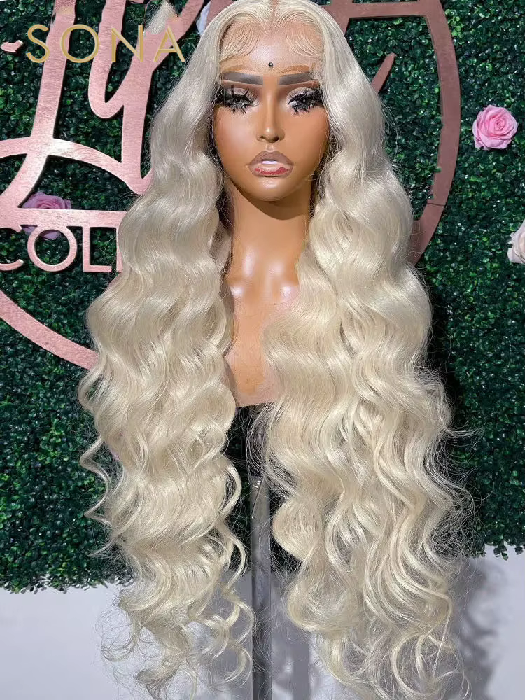 # Perruque Lace Frontal Wig naturelle, cheveux humains, blond cendré platine, blanc, 13x6, HD, Trans