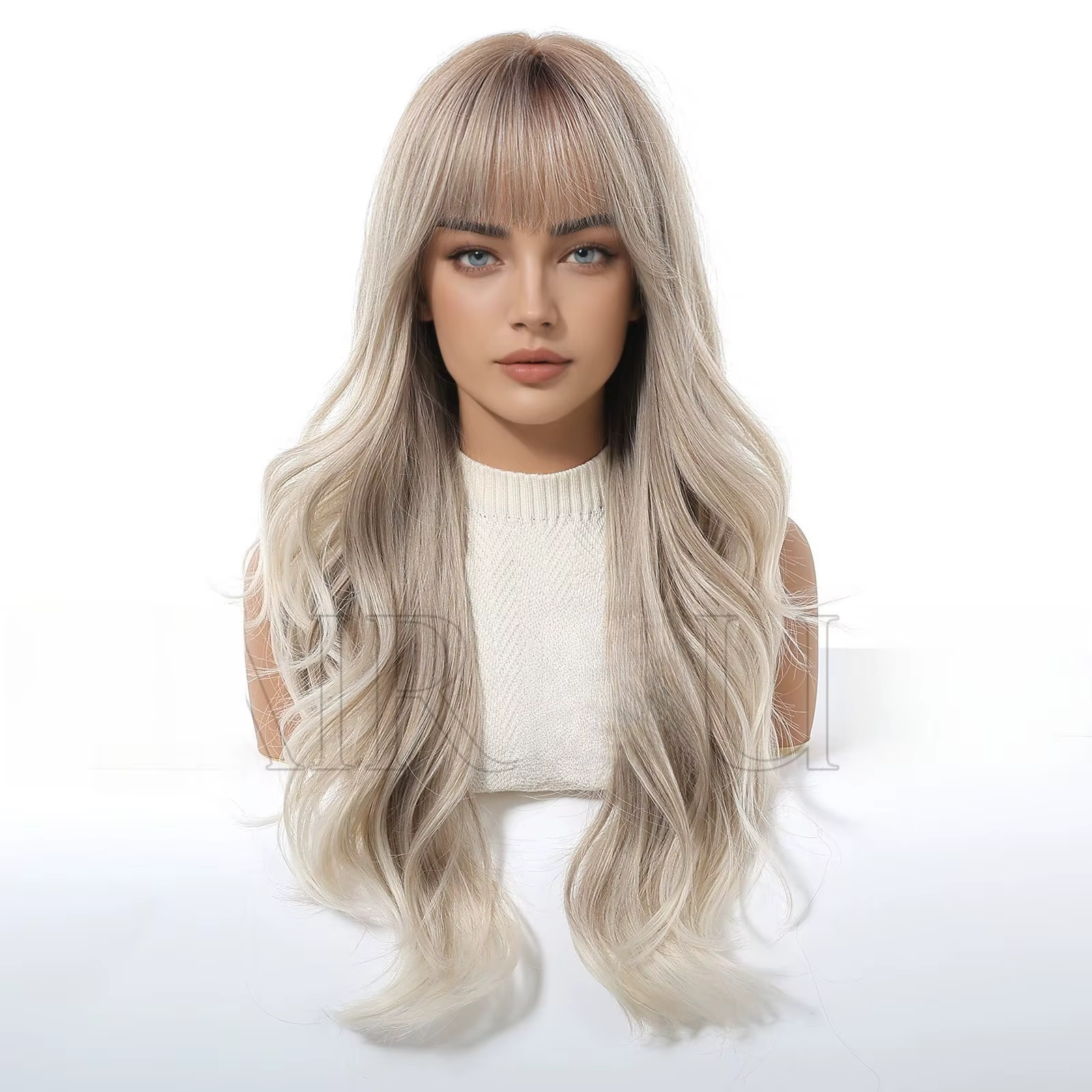 Perruque naturelle et volumineuse à cheveux longs bouclés gris blonds européens et américains, avec