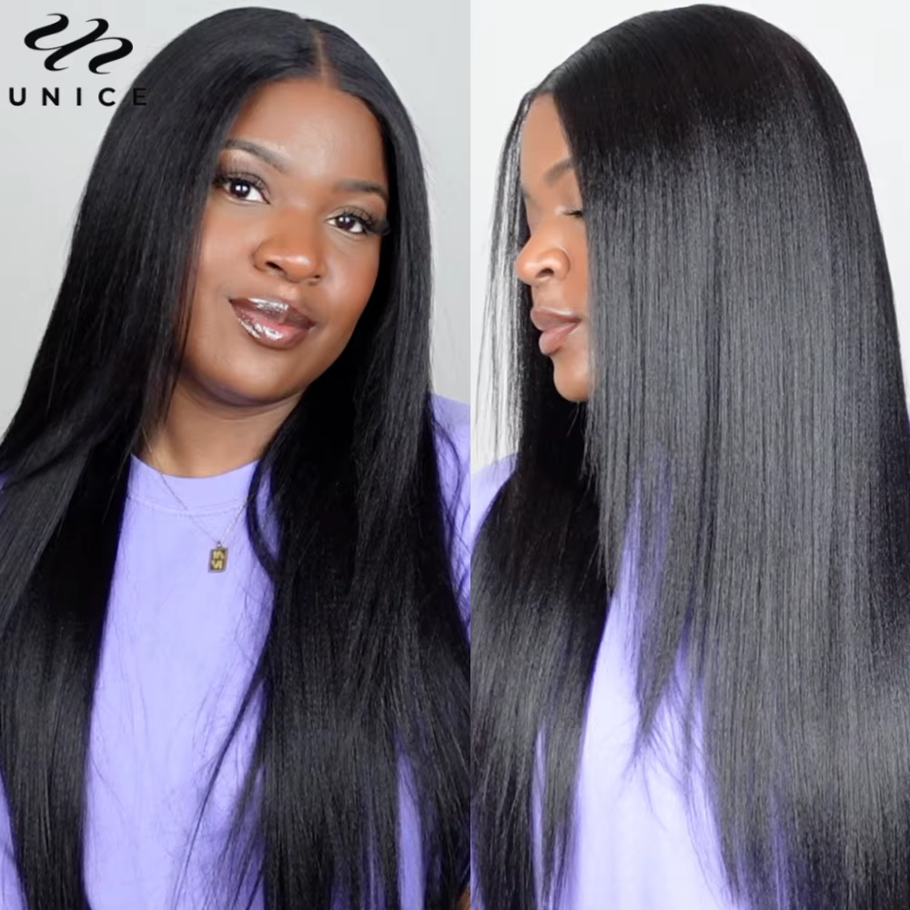 UNice Yaki perruque droite V partie avec cordon 100% cheveux humains perruque en forme de V