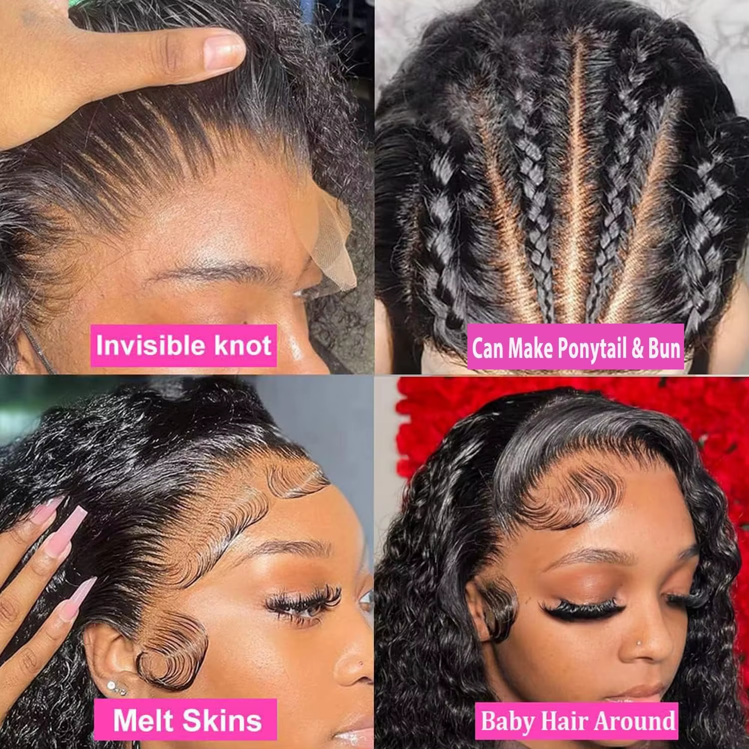 Perruque Invisible 360 HD en Dentelle Complète Cheveux Humains Sans Colle Pré-Coupée Densité 200 Bou