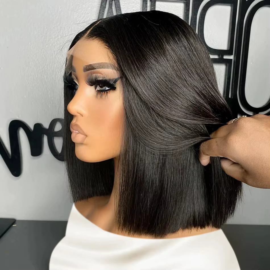 Perruques Lace Frontal 13x4 ultra-lisses, coupe courte bob, pré-épilées, avec dentelle transparente 