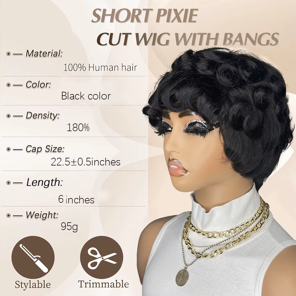 Perruque coupe lutin bouclée pour femmes, cheveux 100% naturels, entièrement fabriqués à la Machine,