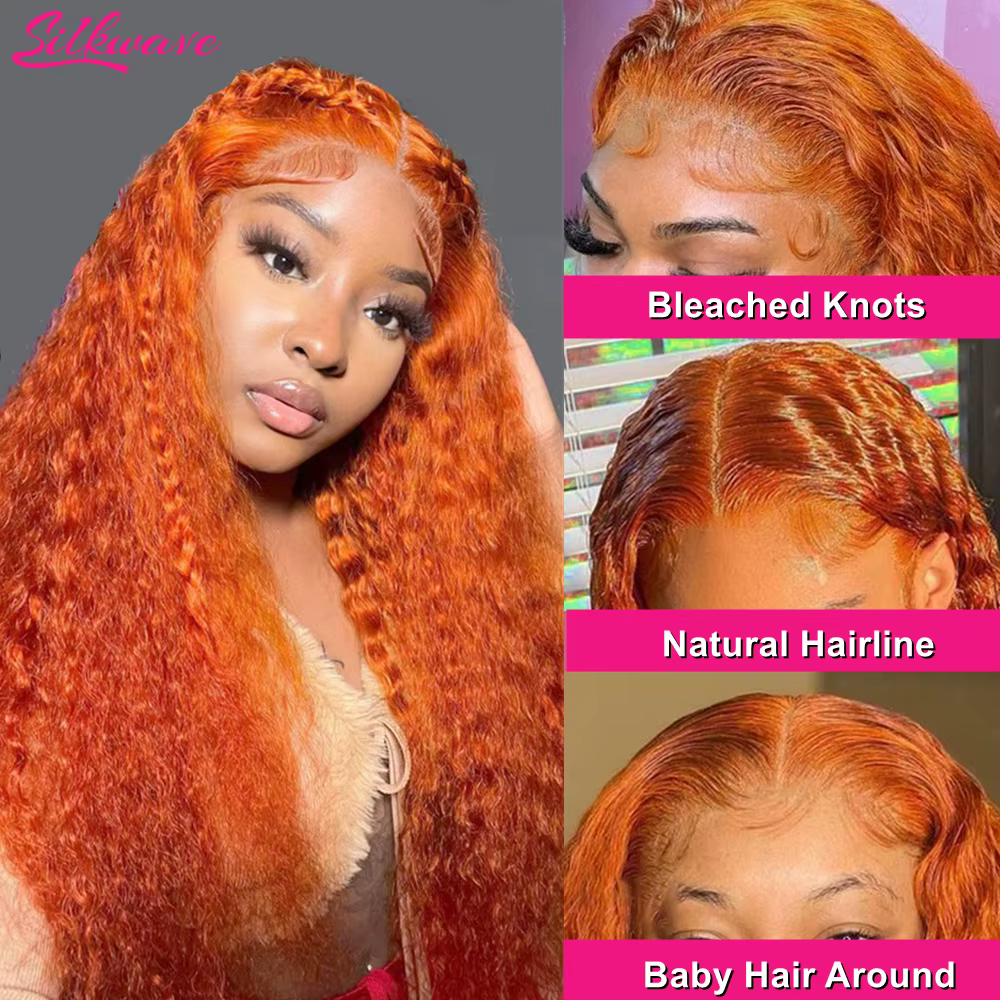 Silkwave vague d'eau 13x4 Orange gingembre dentelle avant perruque bouclés cheveux humains perruques