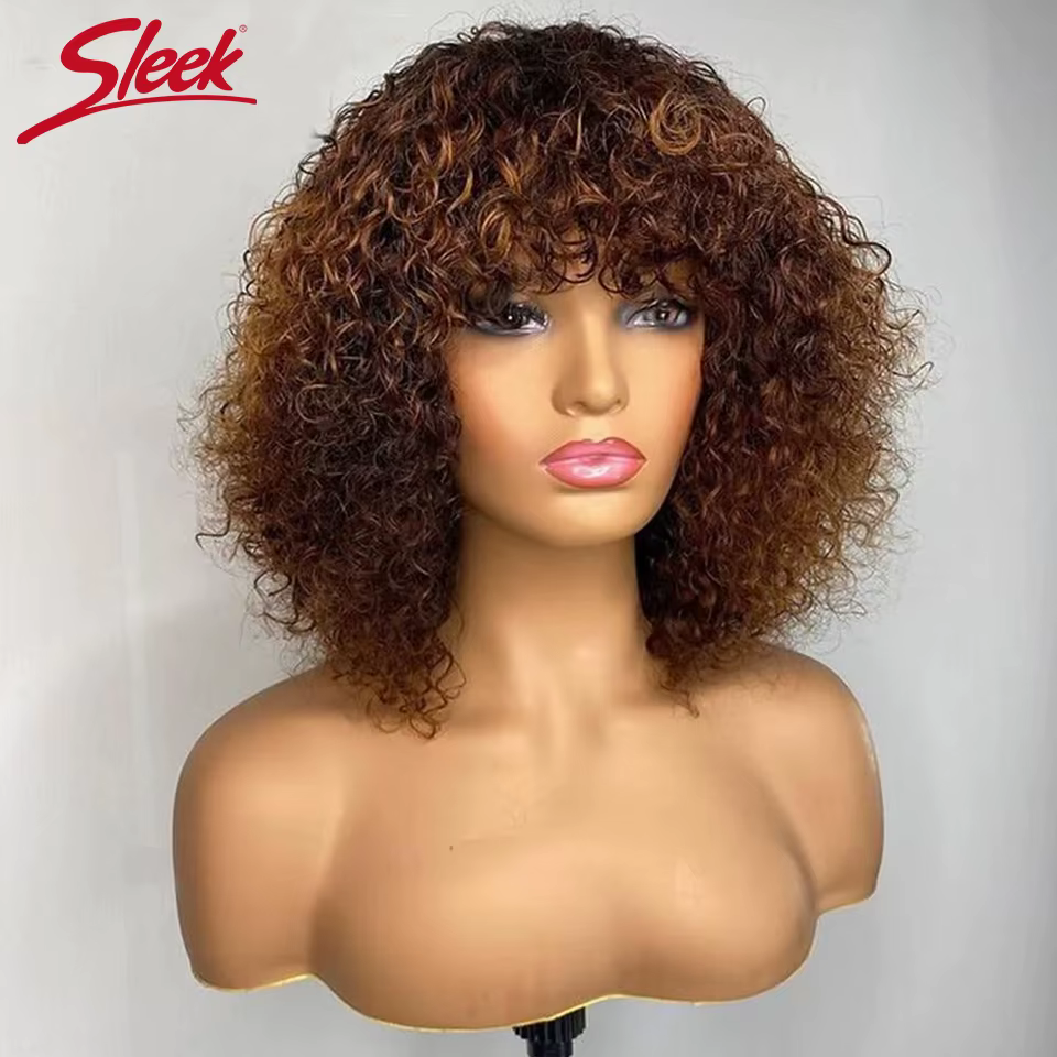 Perruques péruviennes courtes Pixie Bob coupe cheveux humains avec frange Jerry bouclés sans dentell