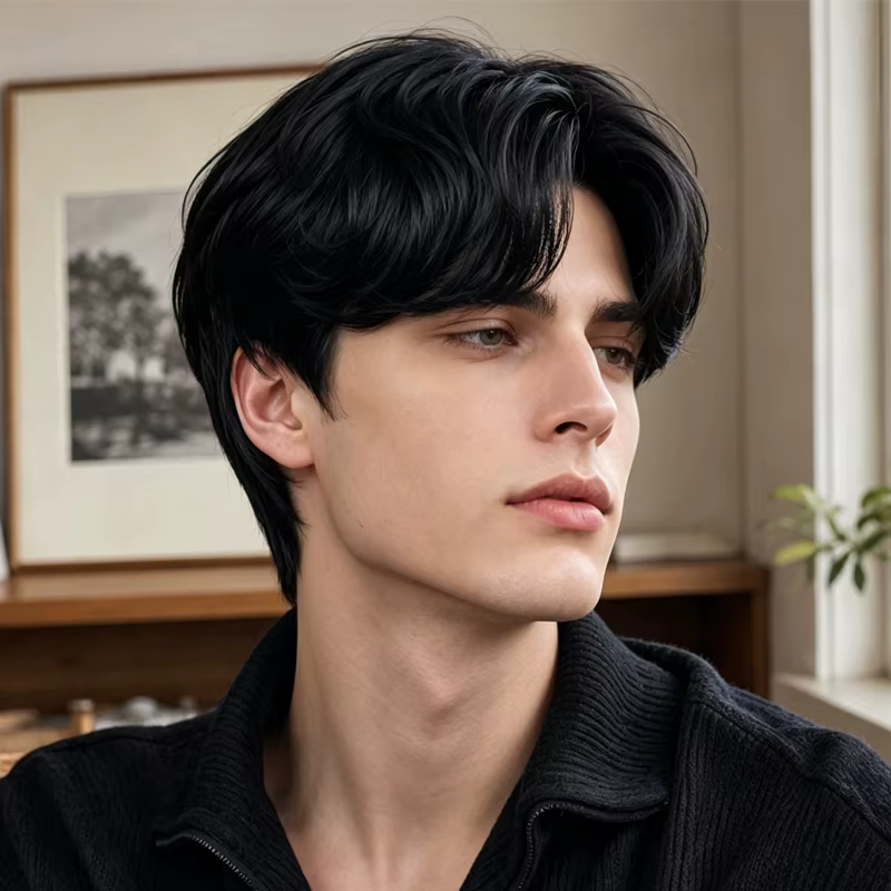 Perruque pour coiffure quotidienne masculine, perruque synthétique noire naturelle et volumineuse, p