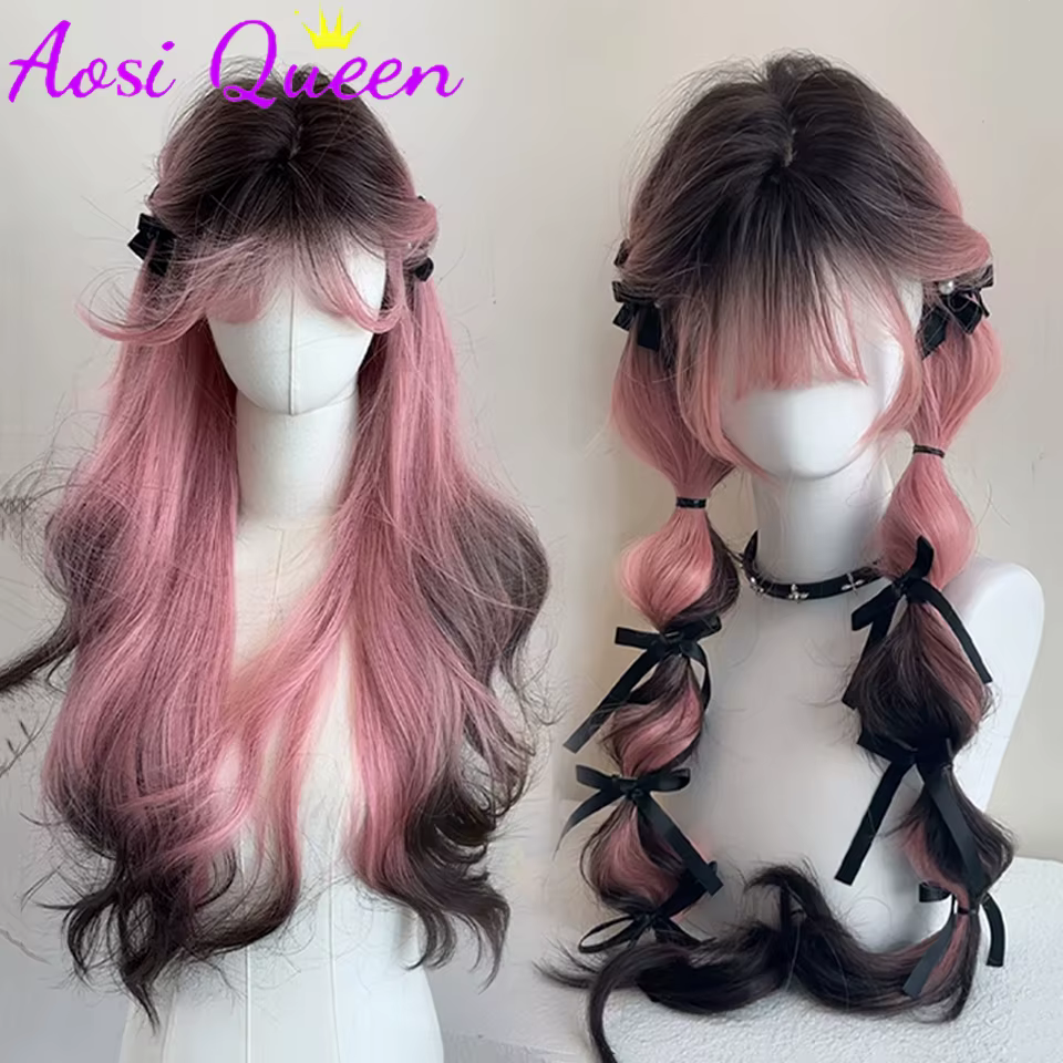 AosiQueen – perruques synthétiques ombrées noires et roses pour Cosplay, perruques longues et ondulé