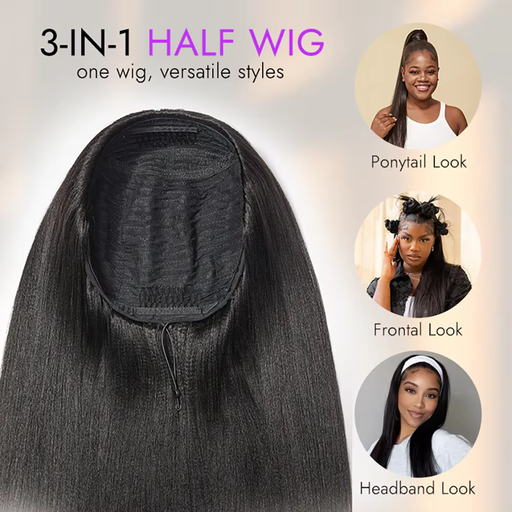 Perruques droites kinky 3 en 1 demi-perruques cheveux humains avec cordon Flip Over Perruques sans c