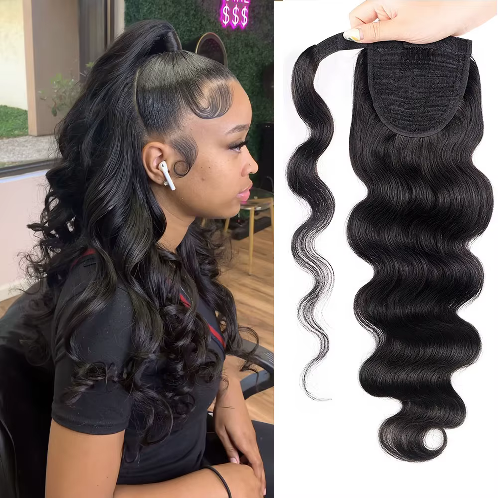 Extensions de queue de cheval de vague d'eau envelopper de cheveux humains autour de la pâte magique