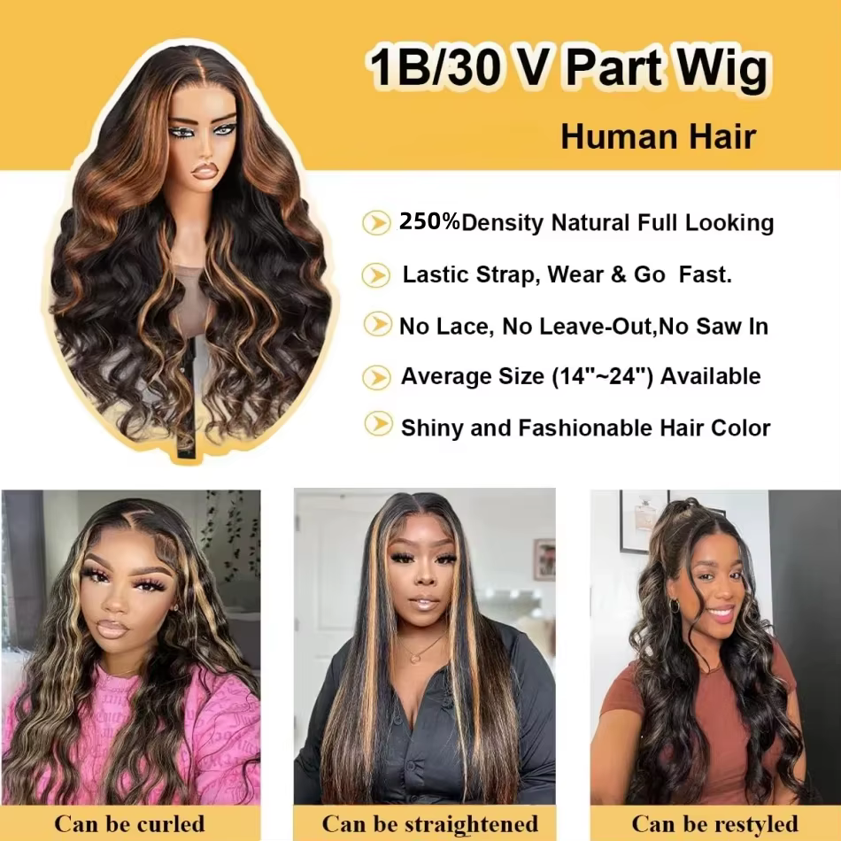 Perruque V-Part Body Wave améliorée avec cordon de serrage réglable, densité 220, forme en V, demi-p