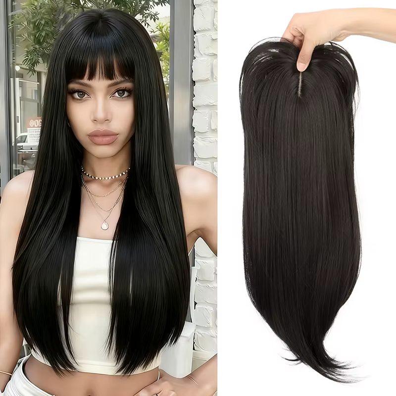 Topper pour cheveux pour femme avec frange : 3D 360 ° Morceau de cheveux synthétiques longs et lis