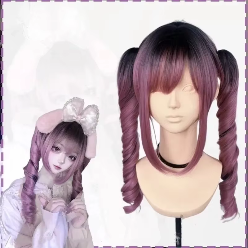 Perruque Lolita de Style japonais, perruque de Cosplay Anime rose à noir gothique Double queue de ch