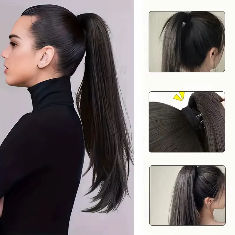 Extensions capillaires synthétiques longues et lisses de 16 pouces/20 pouces, postiche noire pour fe