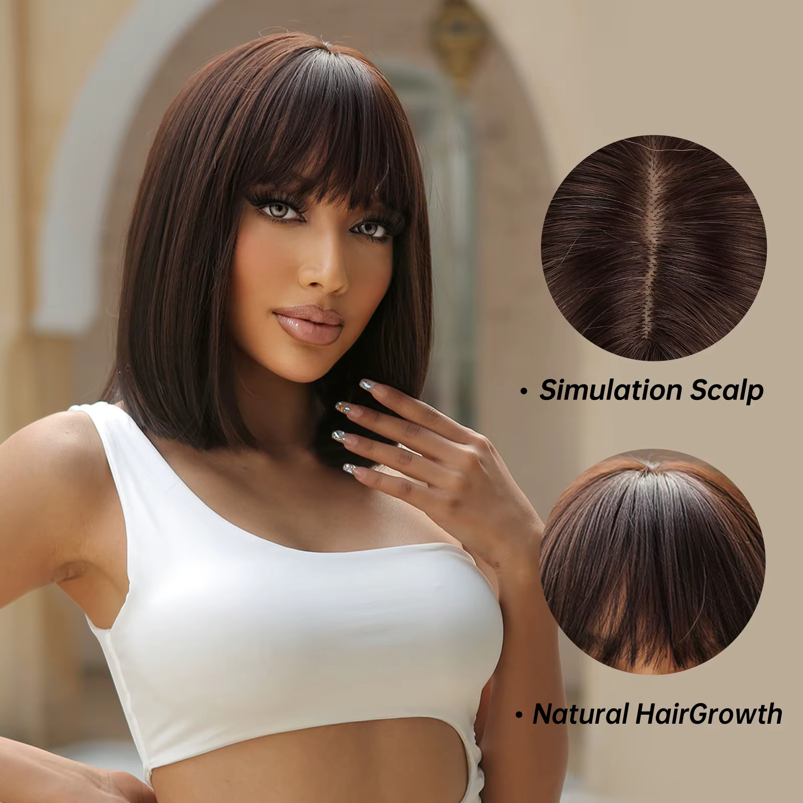 Perruque Synthétique Courte Bob Brun Foncé avec Frange pour Femme, Cheveux Lisses, Cosplay Lolita, P