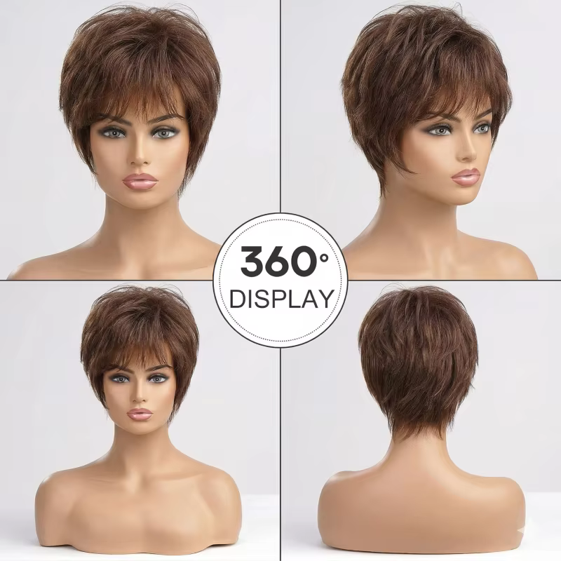 Perruque courte noire coupe pixie 6*6 avec base en soie et devant en PU, 100% cheveux humains pour f