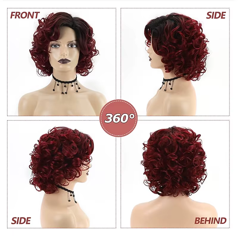 HAIRJOY cheveux synthétiques courts bordeaux bouclés perruques pour femmes Ombre vin rouge perruque 