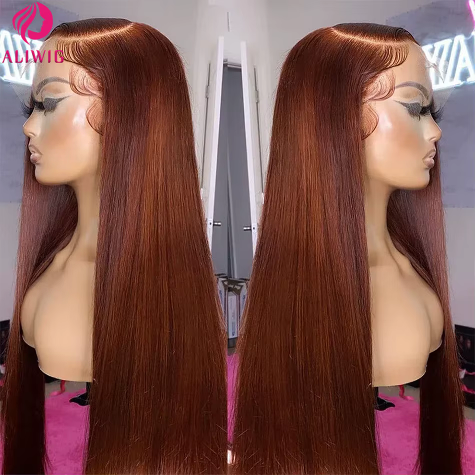 Perruque Lace Frontal Wig brésilienne naturelle, cheveux lisses, brun rougeâtre, 13x4, sans colle, H