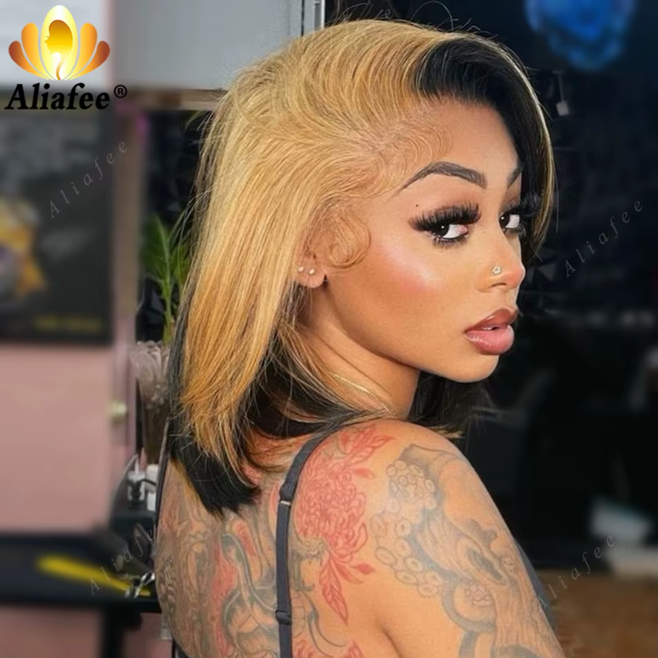 Perruque Bob Lace Wig Naturelle Lisse, Cheveux Courts, Blond Miel 1B, Densité 200%, 13 Tages, pour F