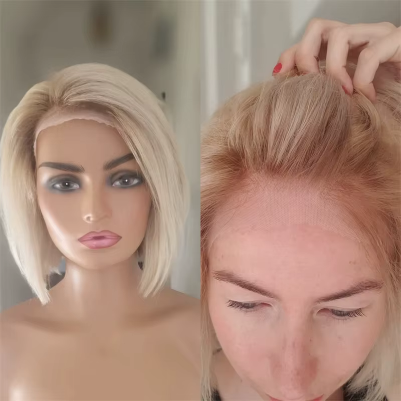 Perruque Bob Lace Frontal Wig synthétique courte et lisse, blond platine ombré, perruque Lace Fronta