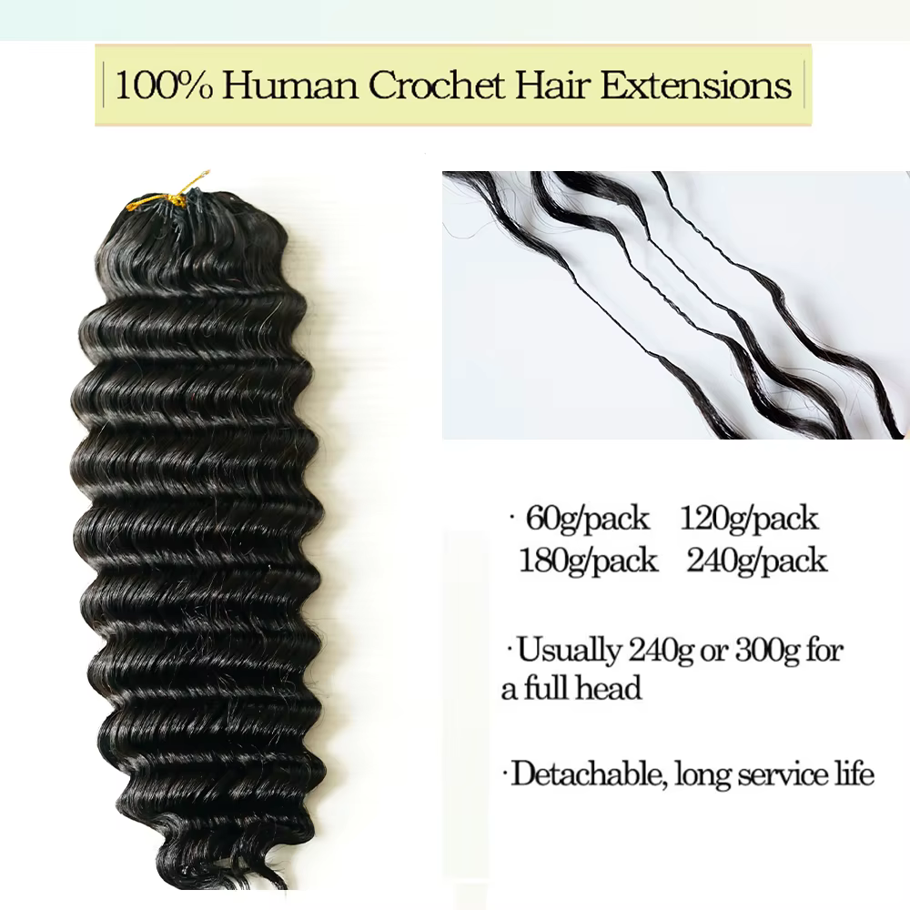 Extensions de cheveux humains 100% naturels Deep Wave, tresses au crochet sans nœuds pré-séparées, e
