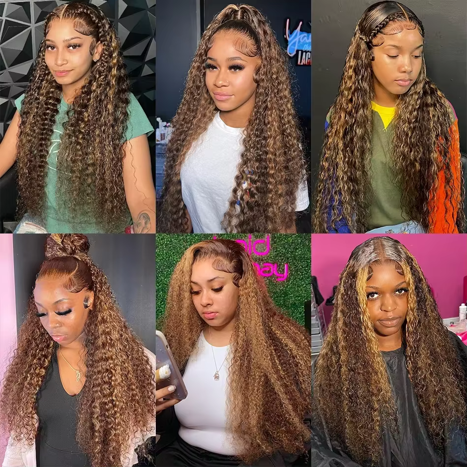 Perruque bouclée 4/27 en cheveux humains, pré-épilée, perruque frontale 360 Full Lace HD en cheveux 