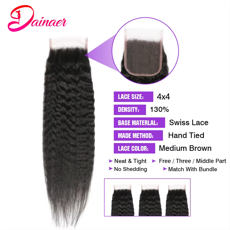 Mèches Péruviennes Naturelles Remy, Cheveux Crépus Lisses, 4x4, avec Closure