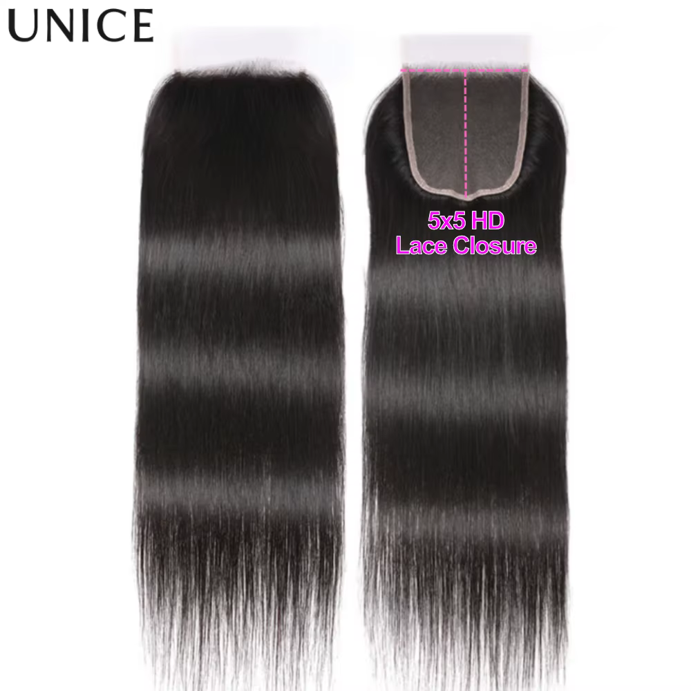 UNice Closure en dentelle HD 5x5, 26 pouces, cheveux humains lisses, Closure en dentelle transparent