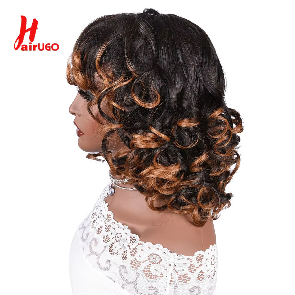 HairUGo-Perruques de cheveux humains bouclés sans colle pour femmes, coupe Pixie, brun ombré, entièr