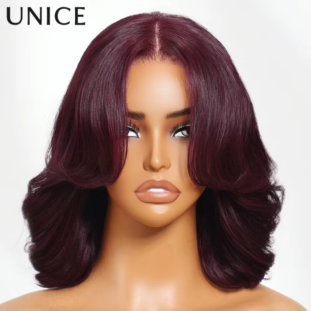 Perruque Bob ondulée UNice 7x5 Lace No-Slip Cap Black Cherry avec couches encadrant le visage, sans 