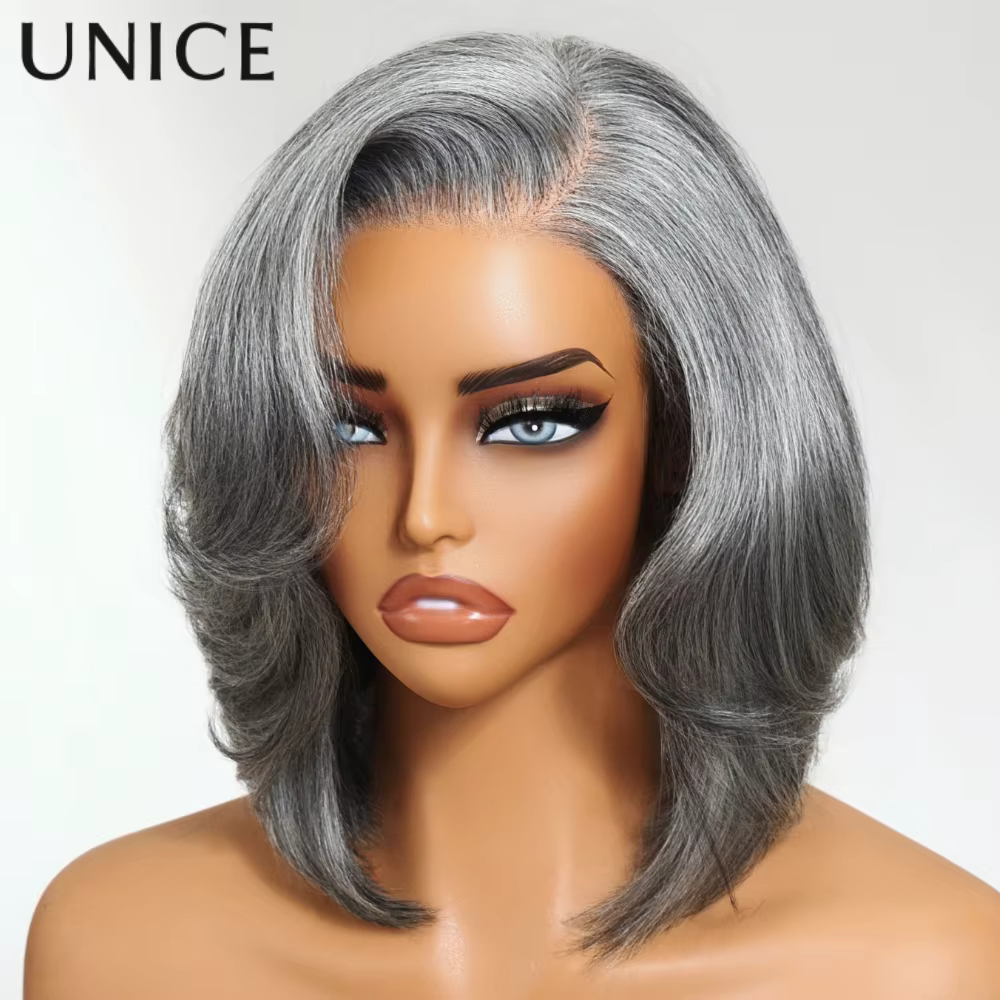 UNICE cheveux couches éclat sel et poivre sans colle perruque de cheveux humains pré-coupé 6.5x1.5 d