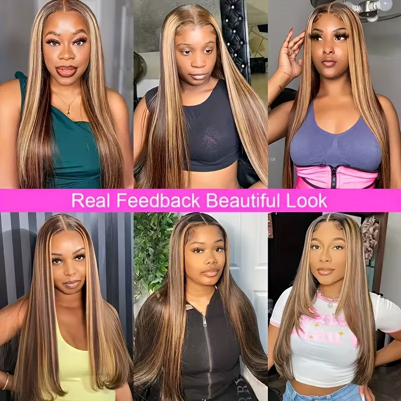 Perruque frontale Dialola P4/27 Highlight Honey Blonde, pré-épilée, colorée, lisse, avec dentelle HD
