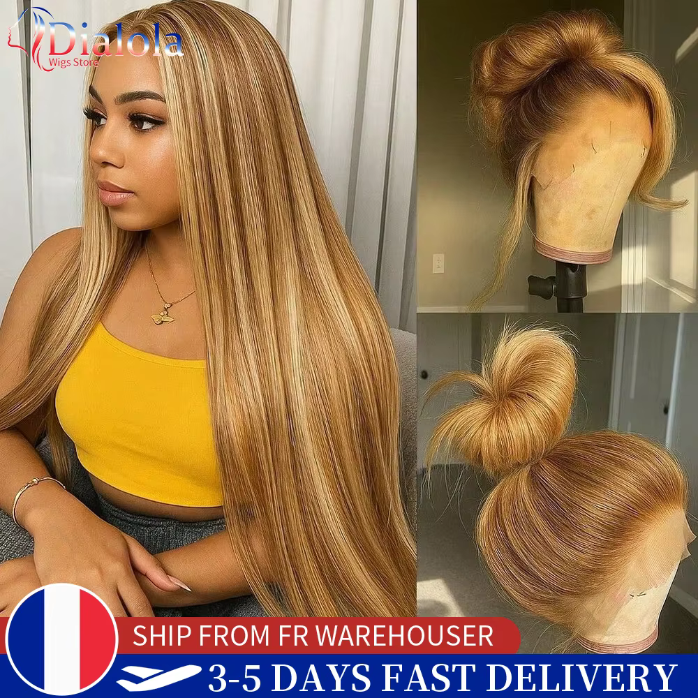 Perruque frontale Dialola P4/27 Highlight Honey Blonde, pré-épilée, colorée, lisse, avec dentelle HD