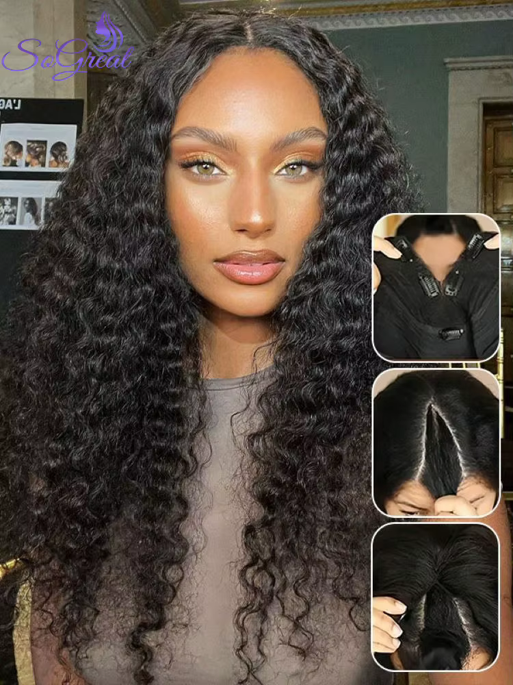 Perruque V-Part Deep Wave 40 pouces en cheveux humains, sans colle, densité 200, bouclée crépue, san