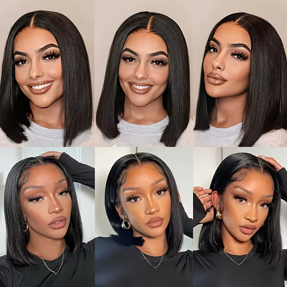 Perruque Bob Lace Front Wig naturelle sans colle, cheveux courts et lisses, couleur naturelle, 5x5,