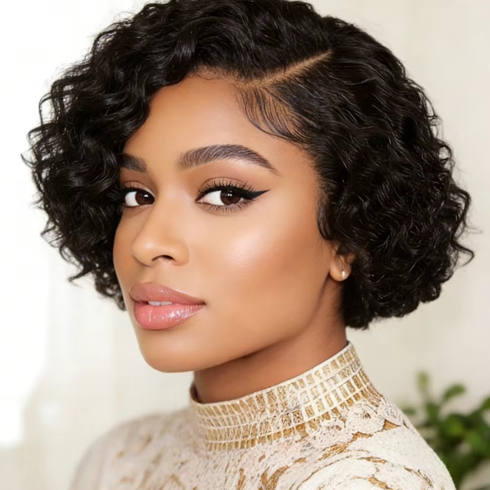 Perruque courte bouclée en cheveux humains, coupe pixie, perruque à dentelle frontale 13x4 pour femm